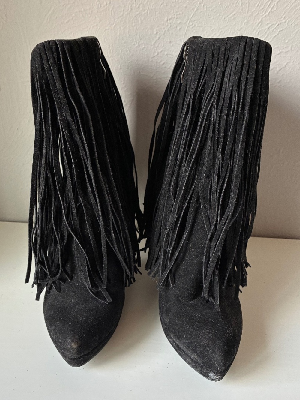 Frederick's of Hollywood Black Fringe Stiletto Ankle Boots | Women's 9